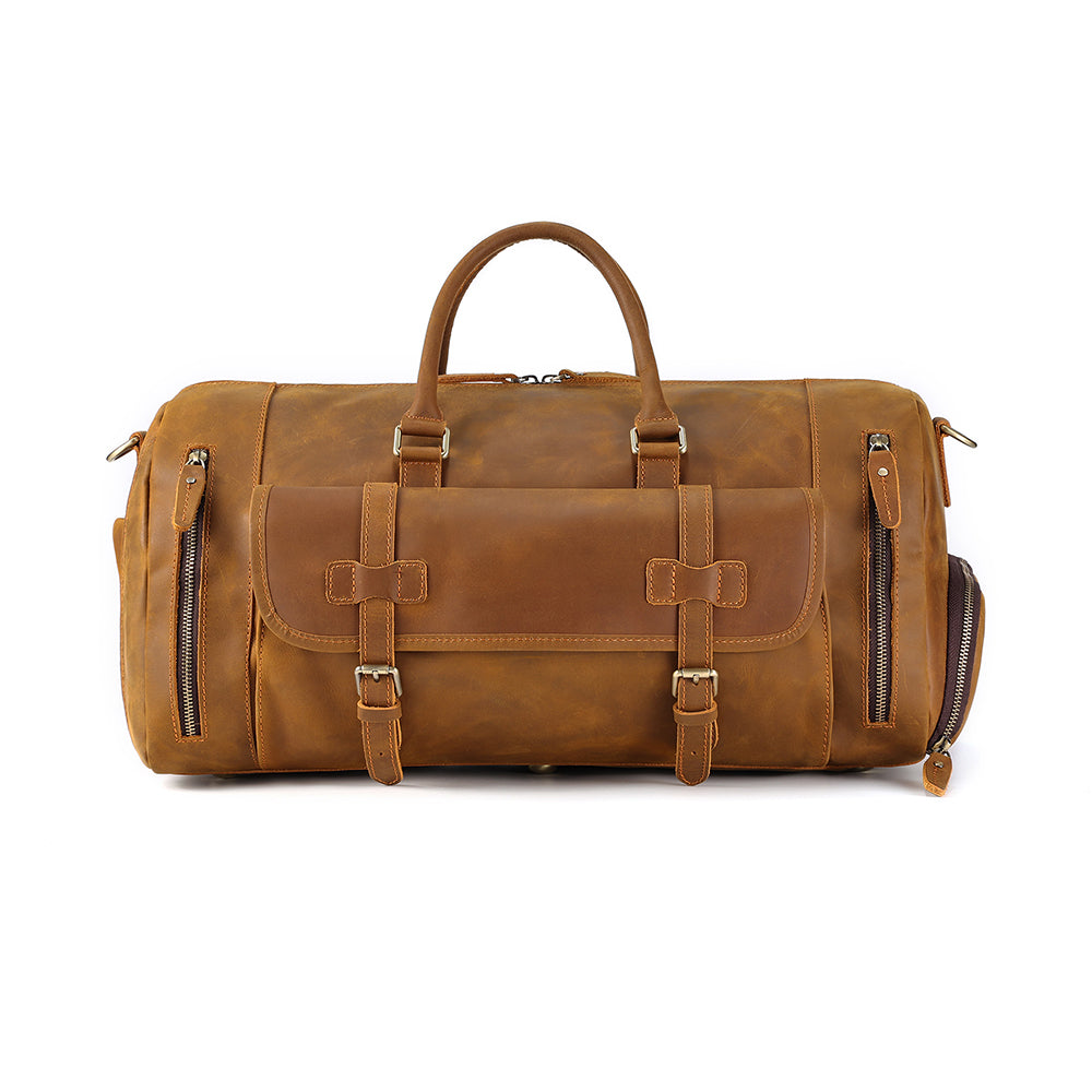 Front view of the Small Wayfarer weekender in brown leather