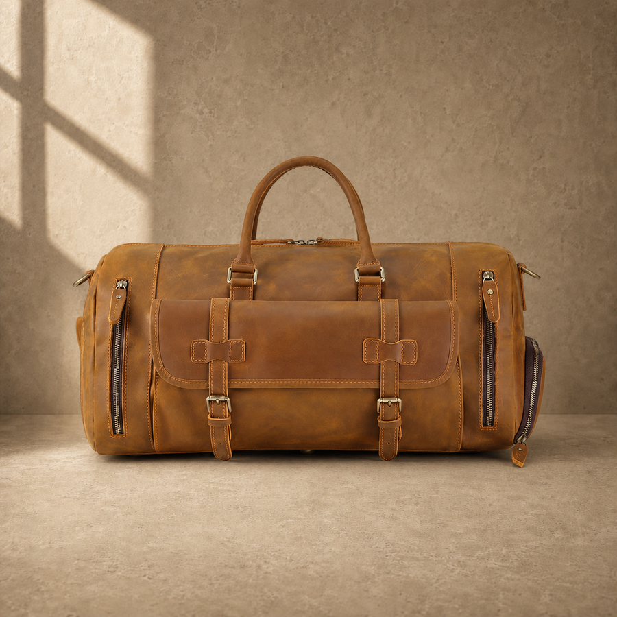Brown leather shoe pocket travel bag, clean front view