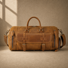 Brown leather shoe pocket travel bag with shoulder strap, front view