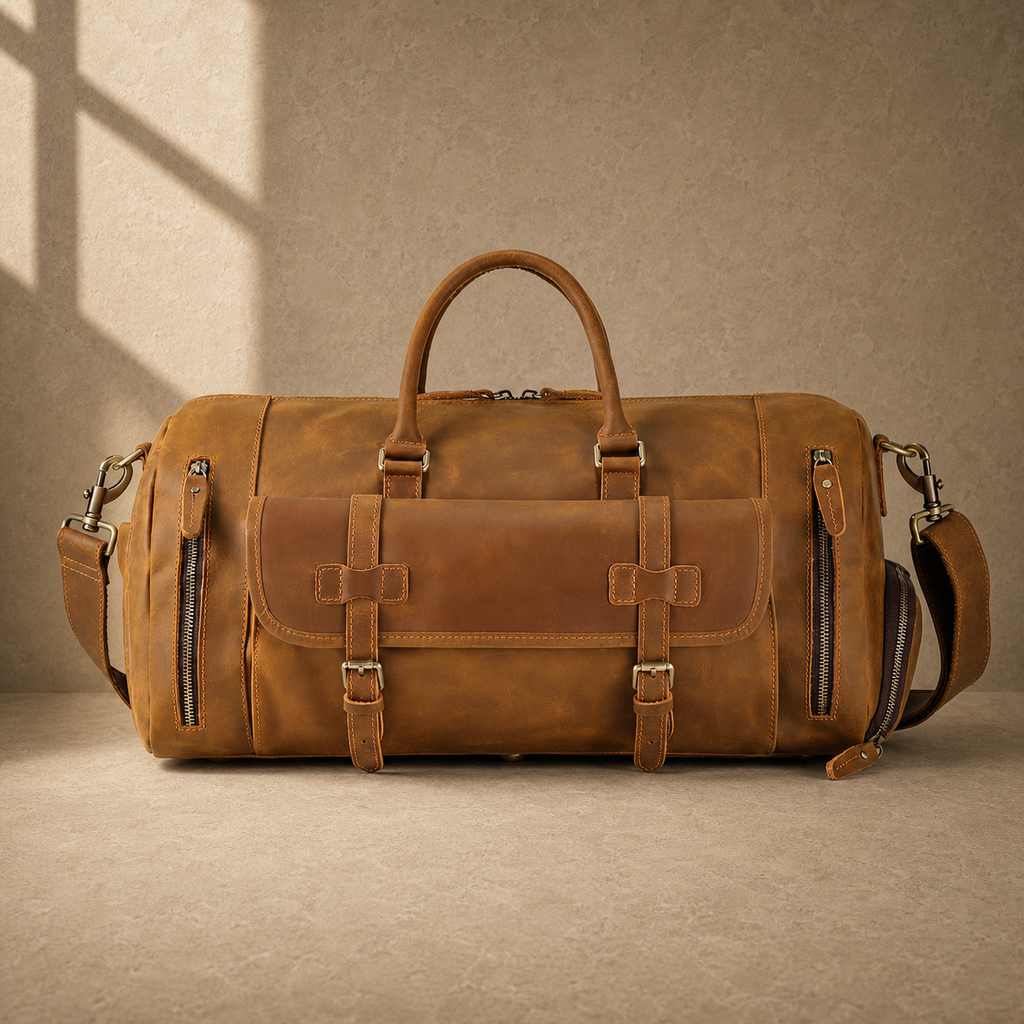 Brown leather shoe pocket travel bag with shoulder strap, front view