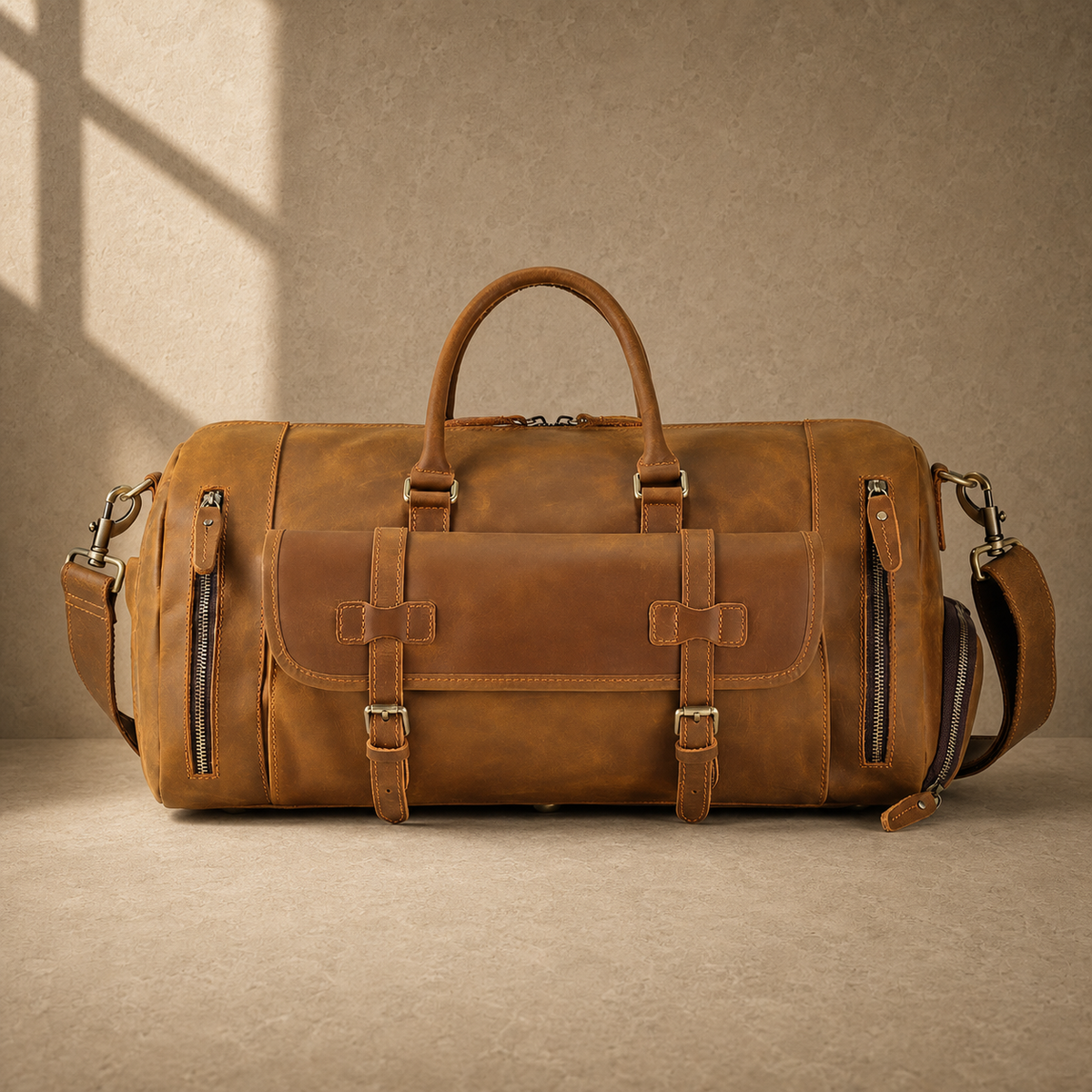 Brown leather shoe pocket travel bag with shoulder strap, front view