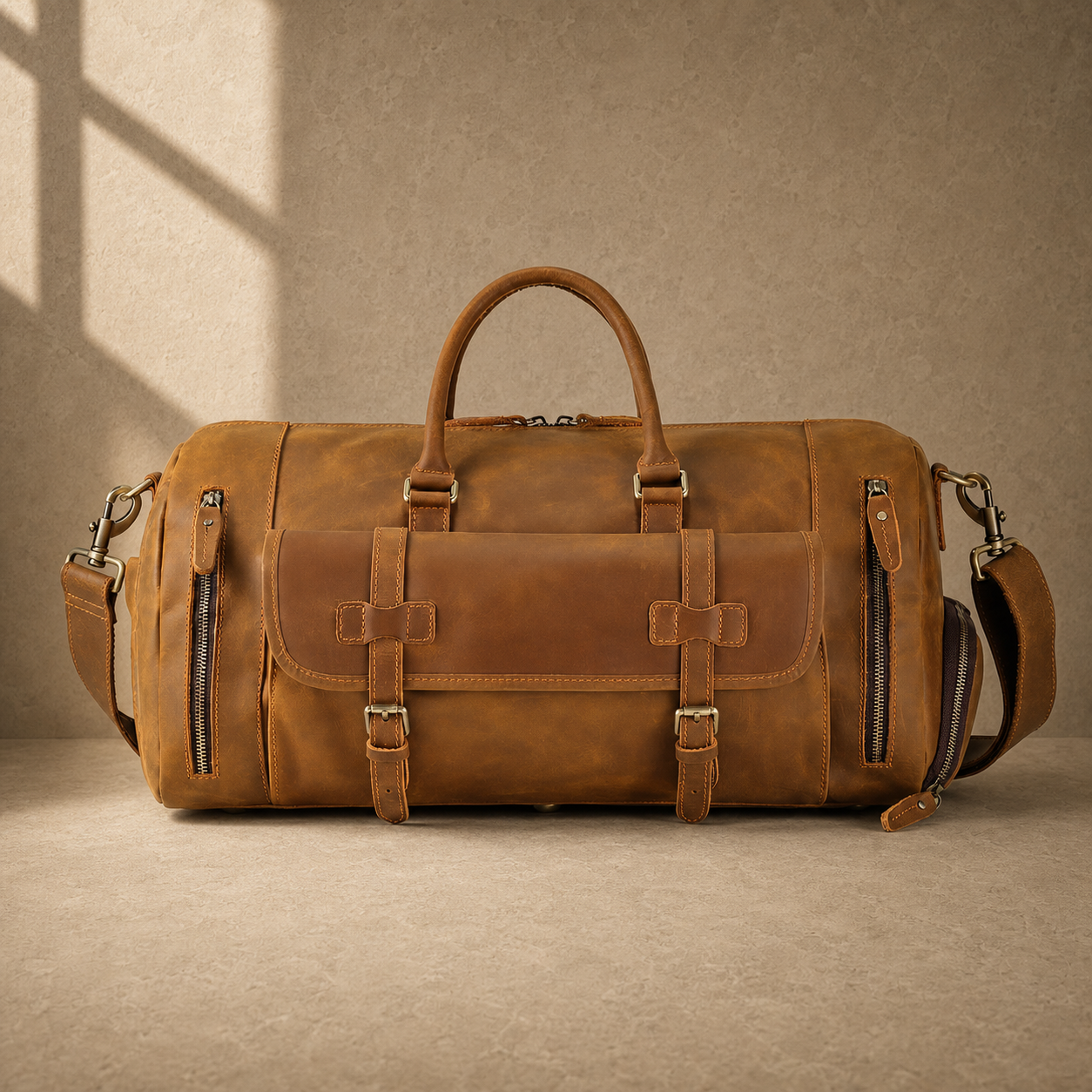 Brown leather shoe pocket travel bag with shoulder strap, front view