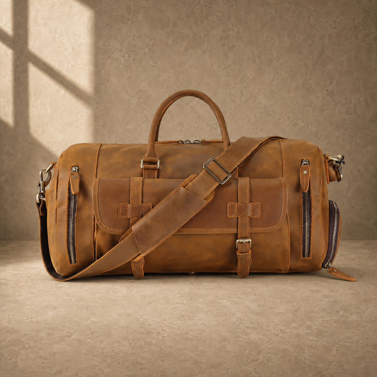 Brown leather travel bag with shoulder strap across the front