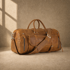 Brown leather shoe pocket travel bag, three-quarter front view
