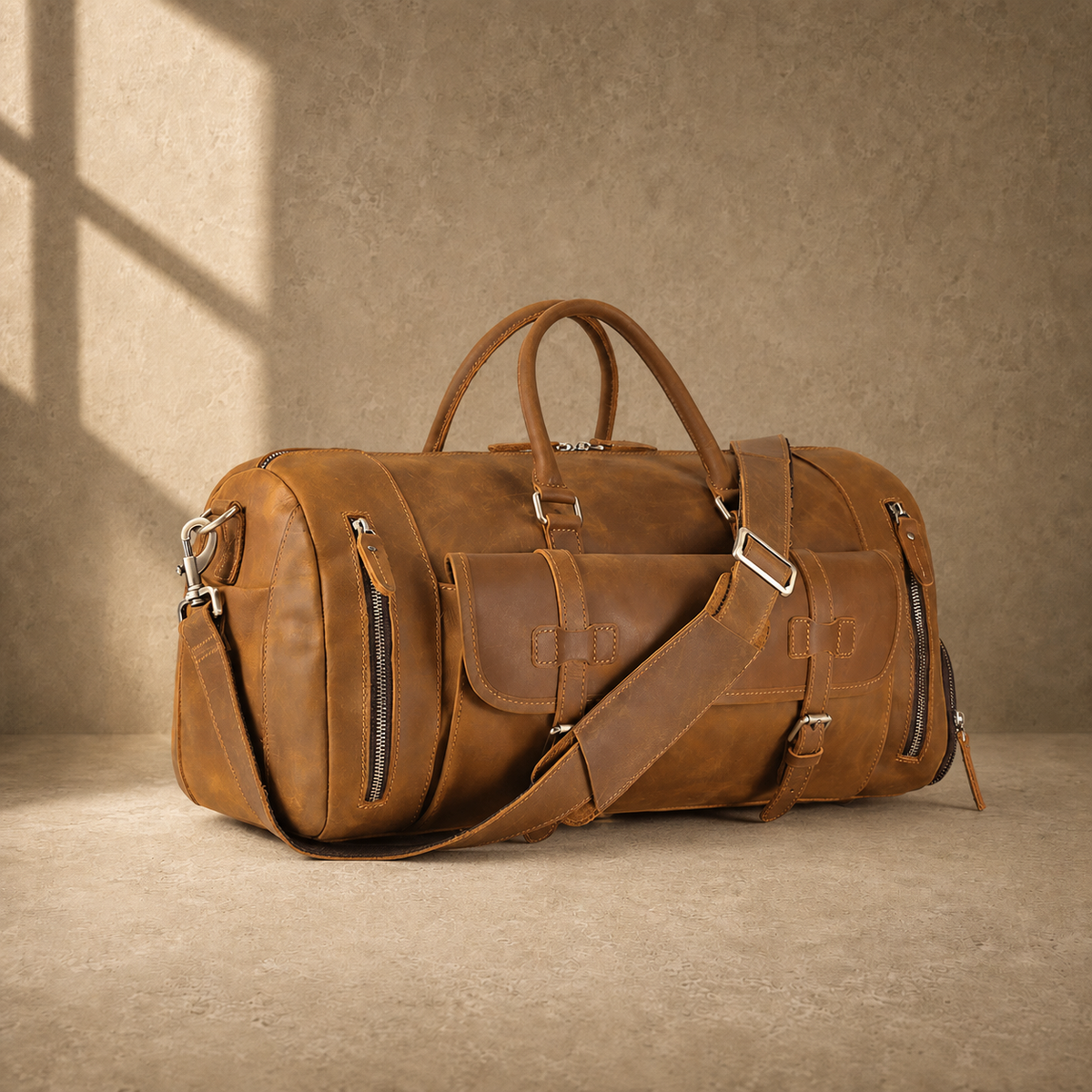 Brown leather shoe pocket travel bag, three-quarter front view