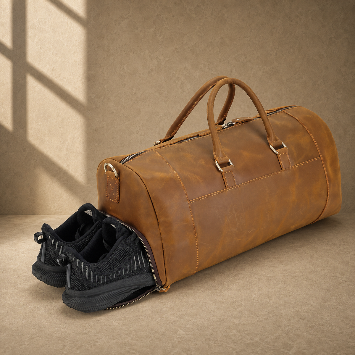Brown leather travel bag with shoes in the separate side compartment
