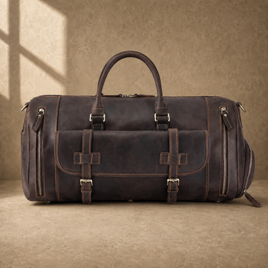 Coffee leather shoe pocket weekender large front view