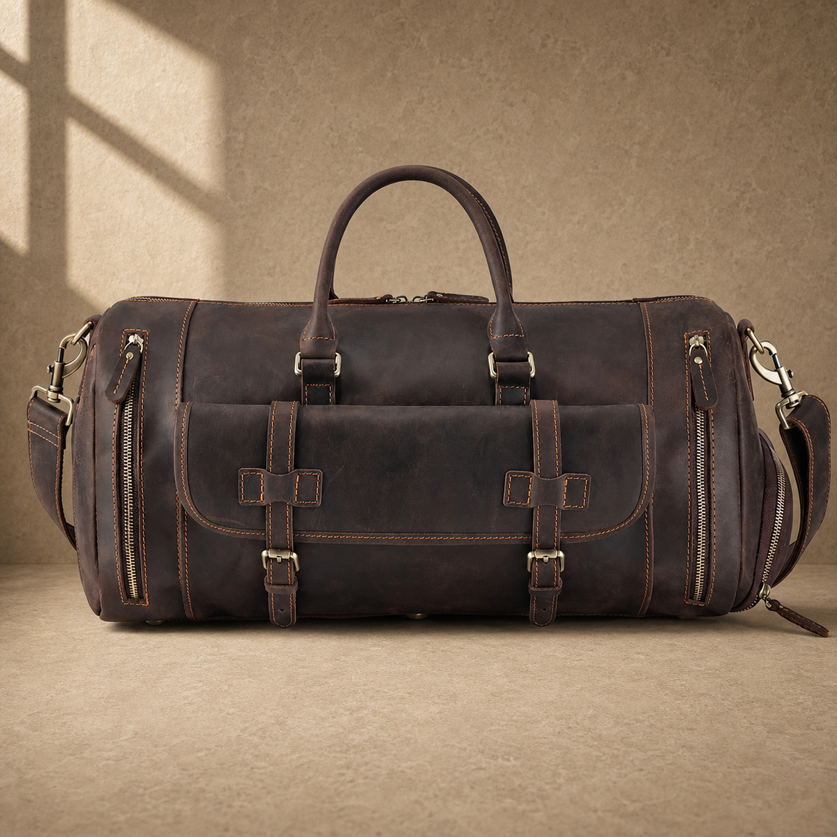 Coffee leather shoe pocket weekender large front view with shoulder strap