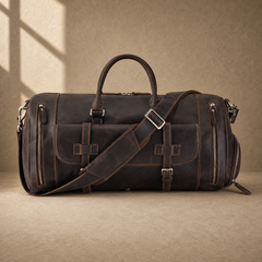Coffee leather shoe pocket weekender large front view with padded strap