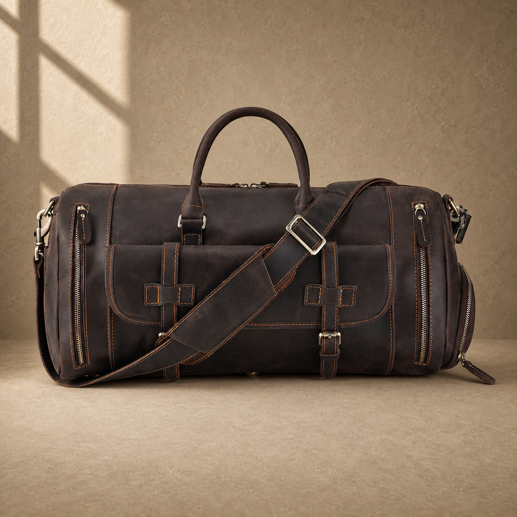 Coffee leather shoe pocket weekender large front view with padded strap