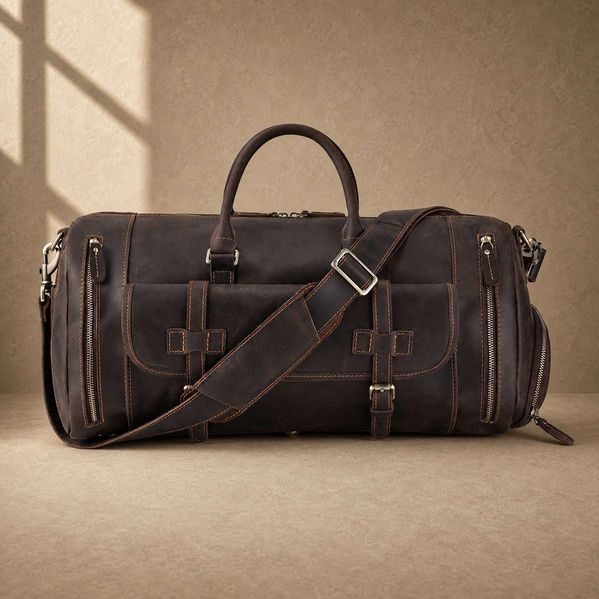 Coffee leather shoe pocket weekender large front view with padded strap