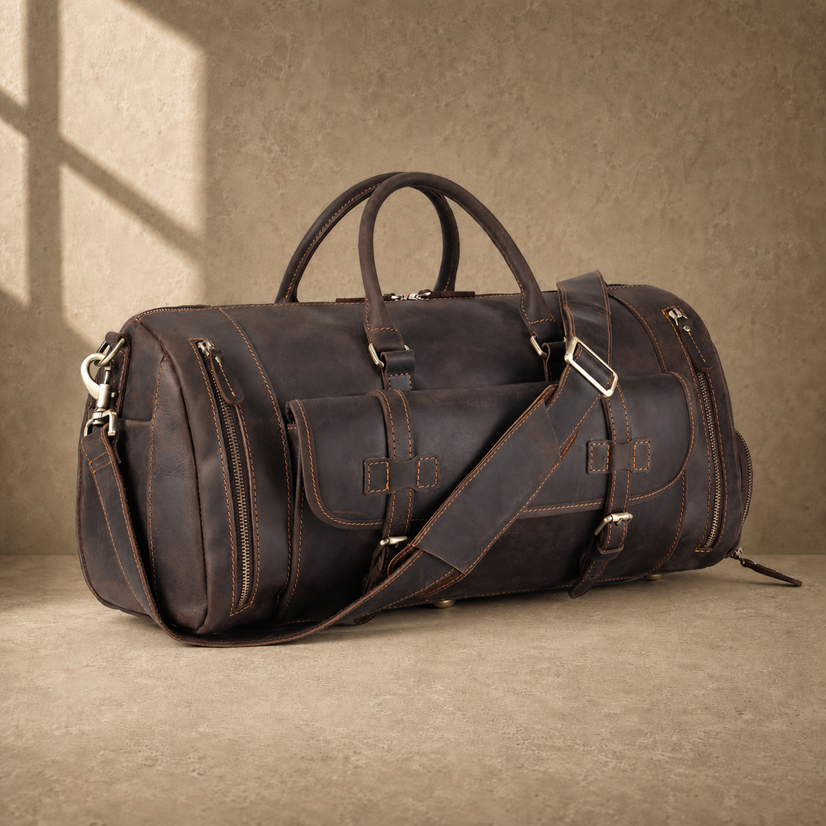 Coffee leather shoe pocket weekender large three-quarter view