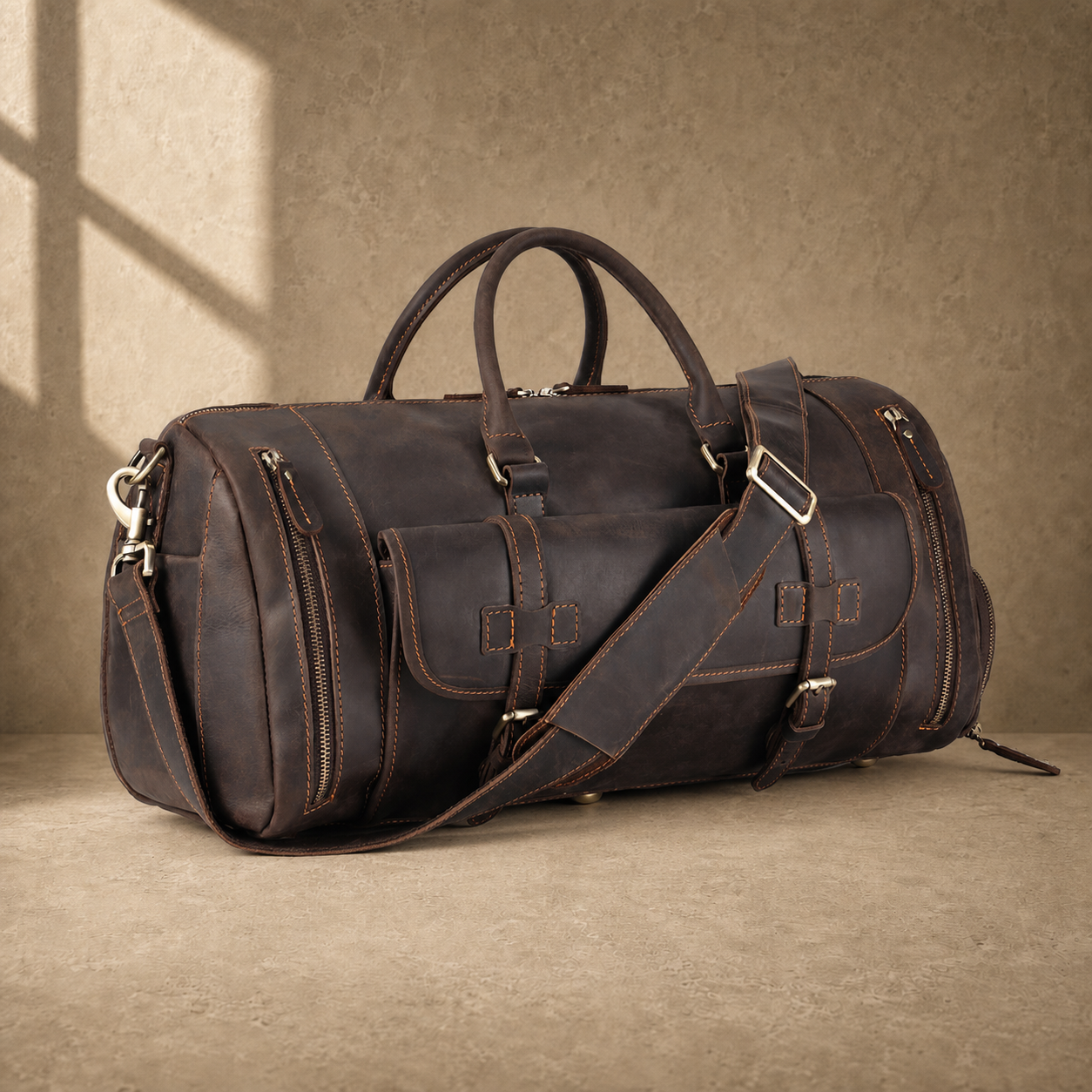 Coffee leather shoe pocket weekender large three-quarter view