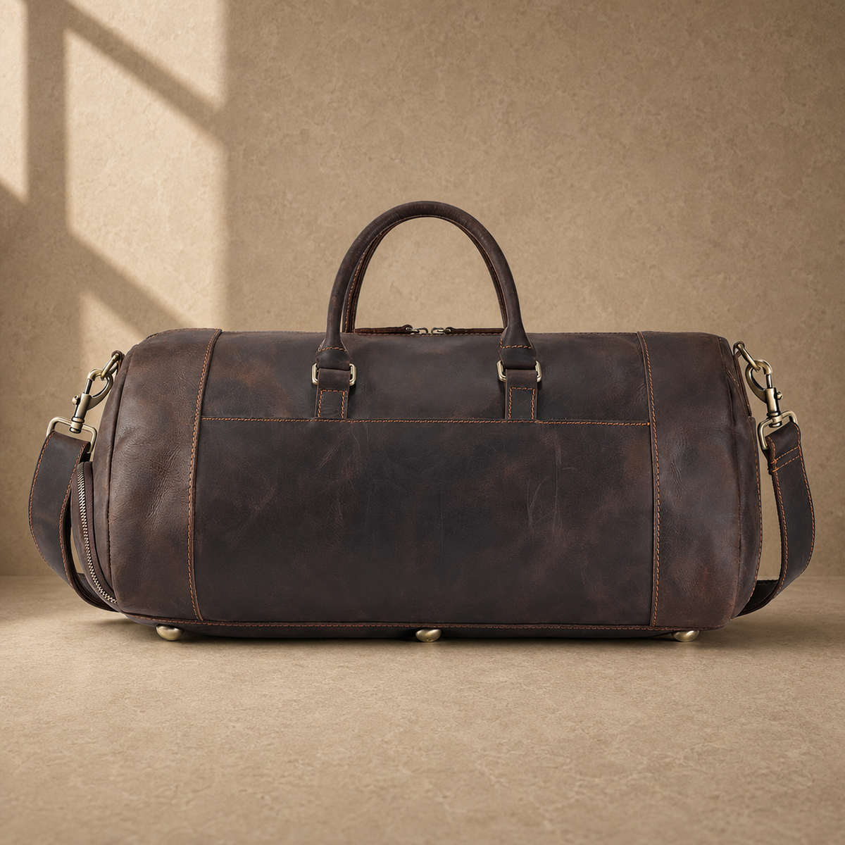 Coffee leather shoe pocket weekender large rear view