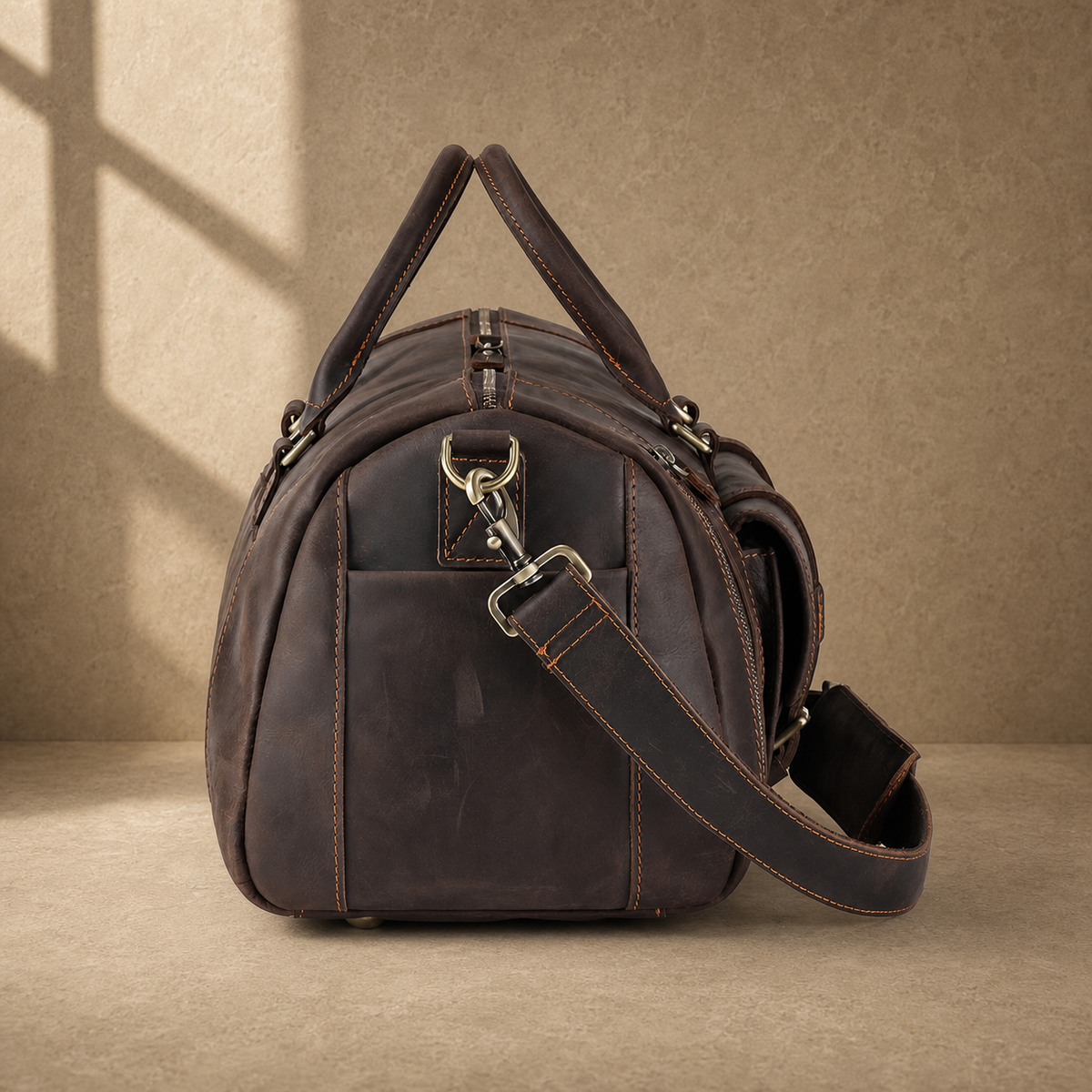 Coffee leather shoe pocket weekender large left side view