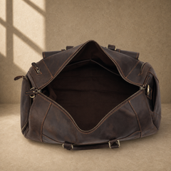 Coffee leather shoe pocket weekender large open interior view
