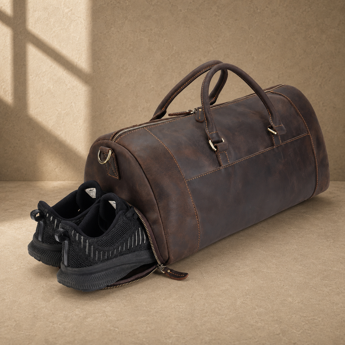 Coffee leather shoe pocket weekender large shoe compartment in use