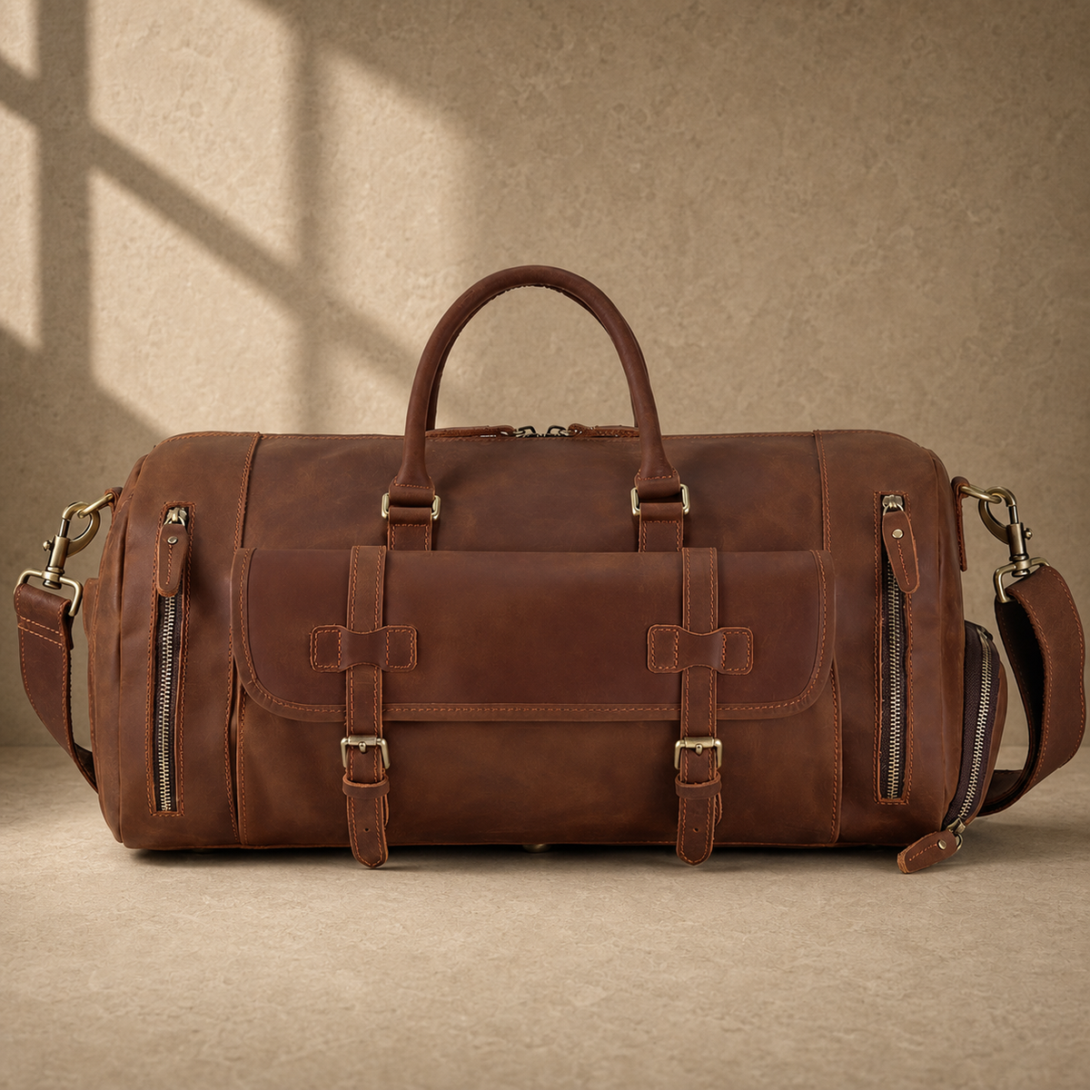 Dark brown shoe pocket travel duffel, alternate front view