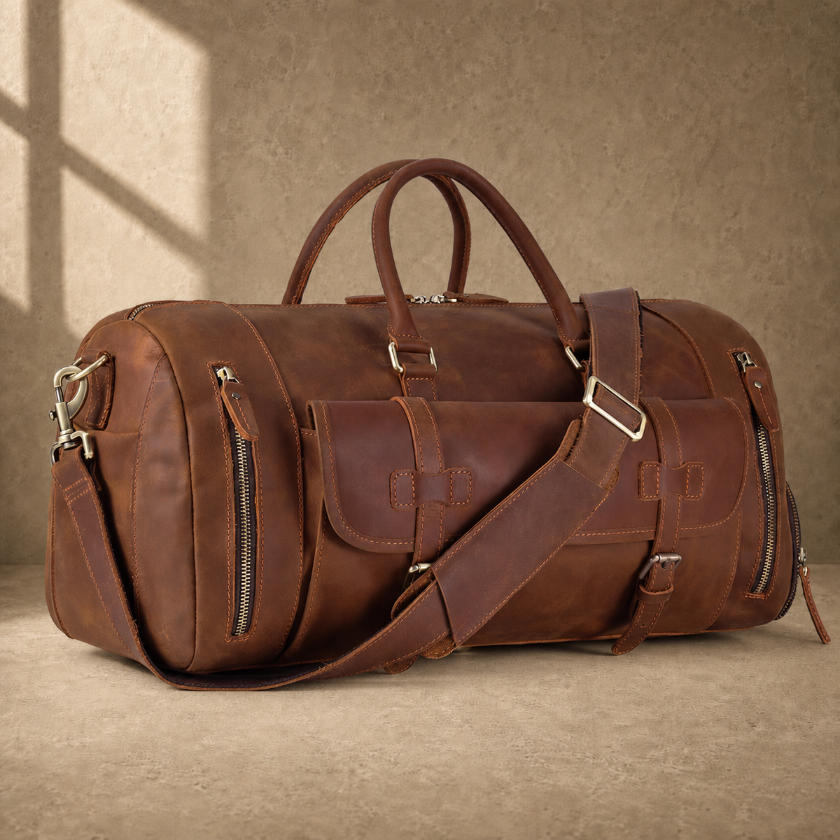 Dark brown shoe pocket travel duffel, three-quarter front view