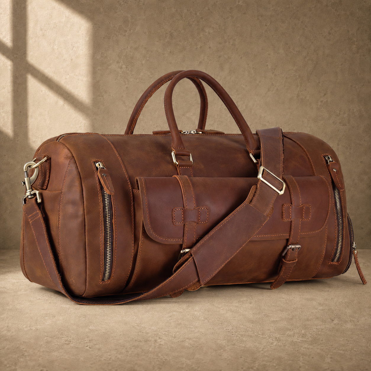 Dark brown shoe pocket travel duffel, three-quarter front view
