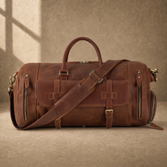 Dark brown shoe pocket travel duffel with strap across front