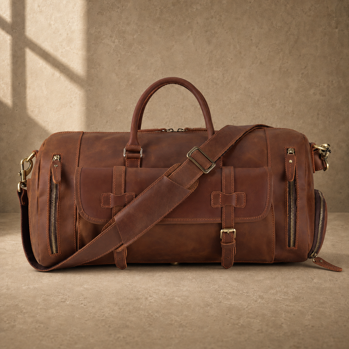 Dark brown shoe pocket travel duffel with strap across front