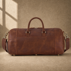 Dark brown shoe pocket travel duffel, rear view