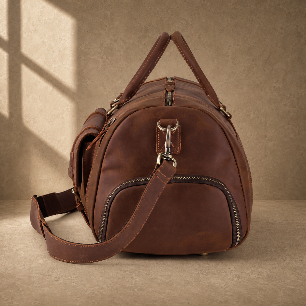 Dark brown shoe pocket travel duffel, zippered side view