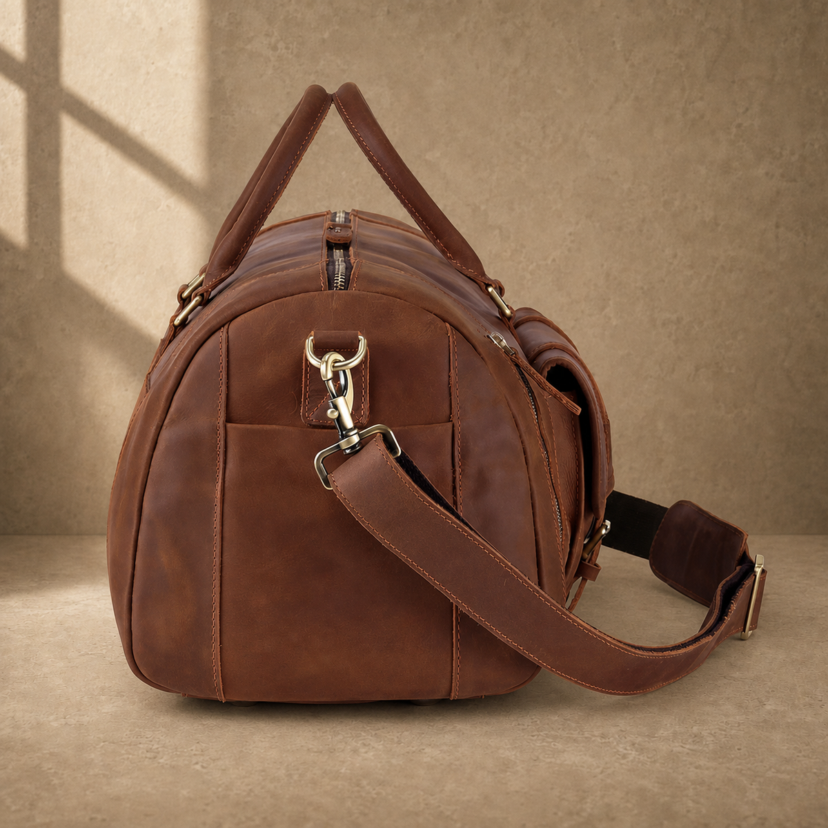 Dark brown shoe pocket travel duffel, opposite side view