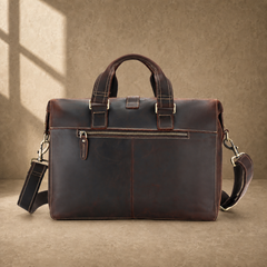 Coffee leather twin pocket briefcase rear zipper pocket view