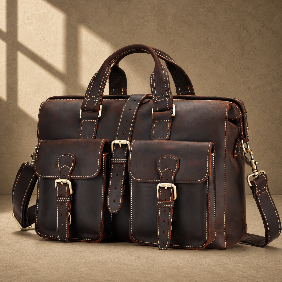 Coffee leather twin pocket briefcase three-quarter front view