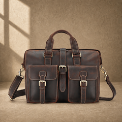 Coffee leather twin pocket briefcase clean front hero view