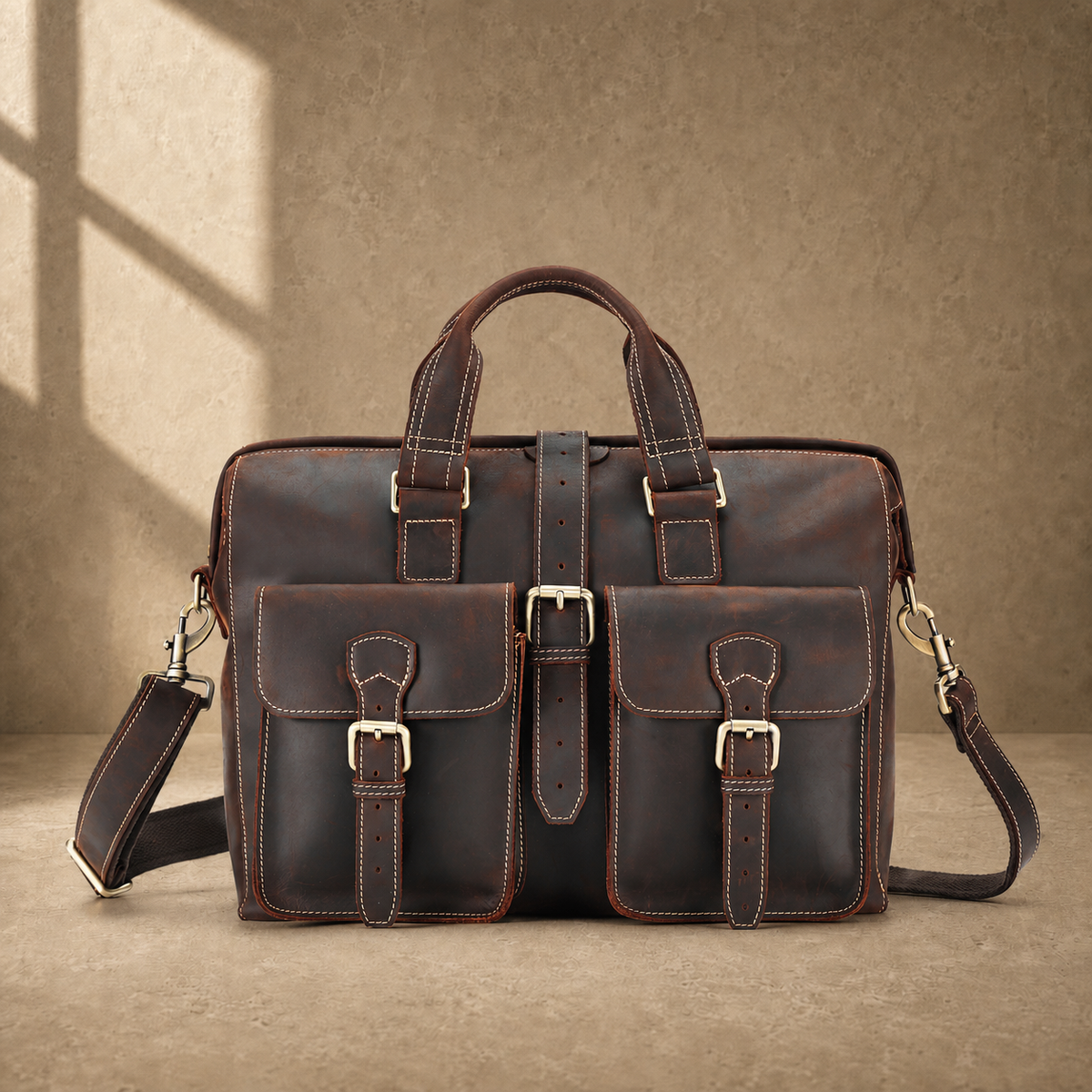 Coffee leather twin pocket briefcase clean front hero view