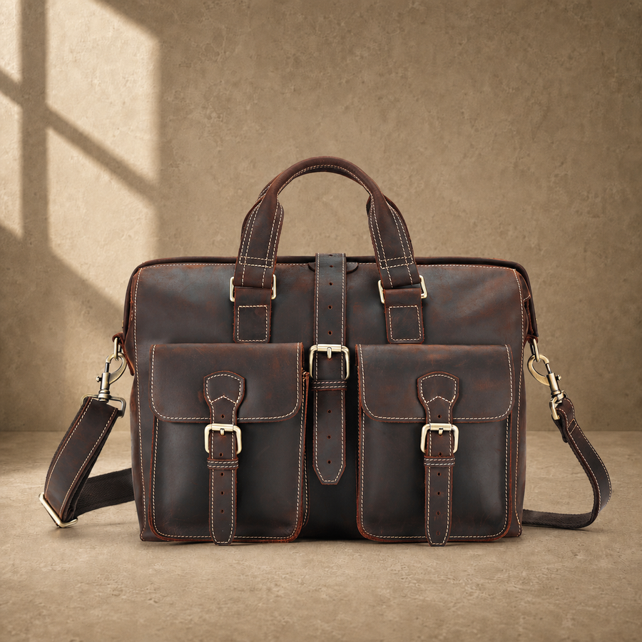 Coffee leather twin pocket briefcase clean front hero view