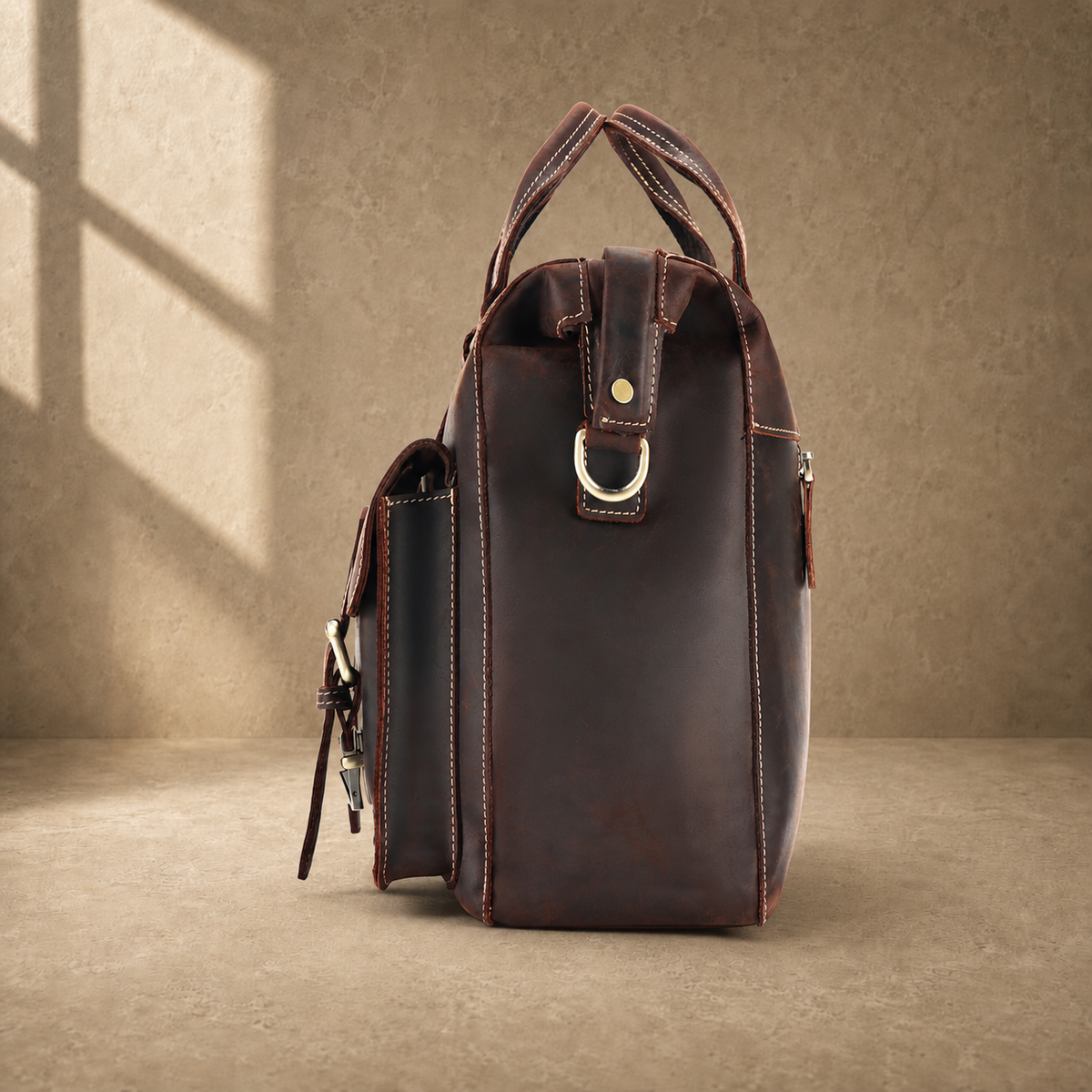 Coffee leather twin pocket briefcase side profile