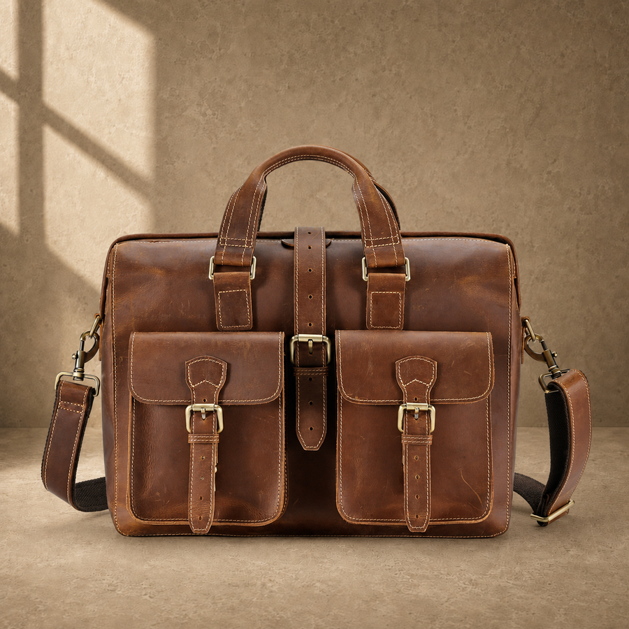 Dark brown leather business work bag, front hero view