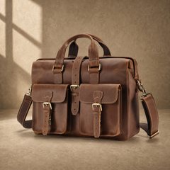 Dark brown leather business work bag, three-quarter front view