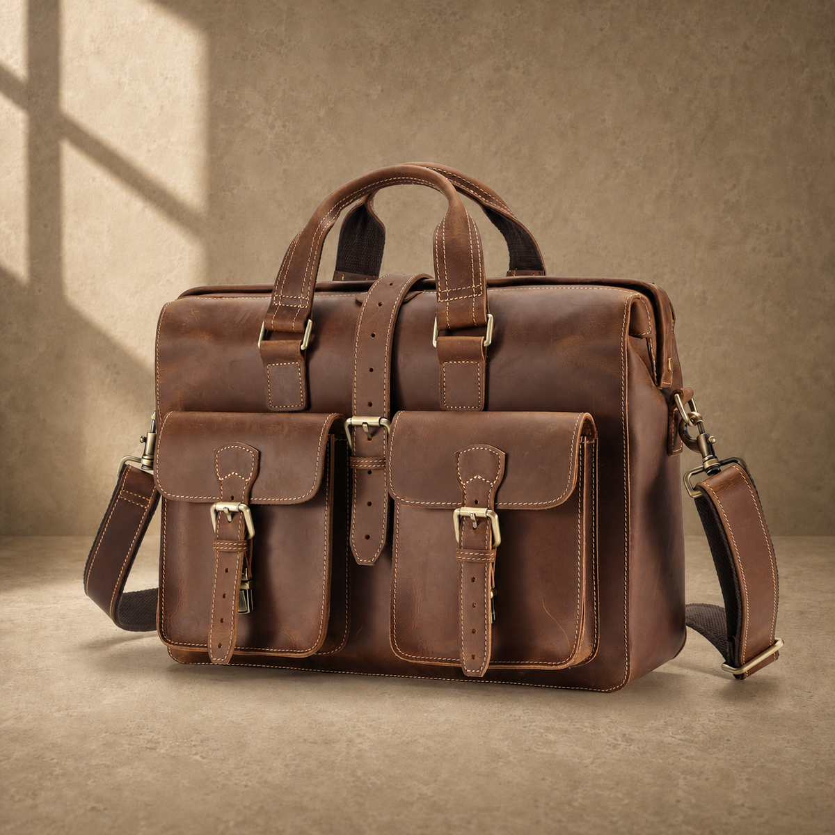 Dark brown leather business work bag, three-quarter front view