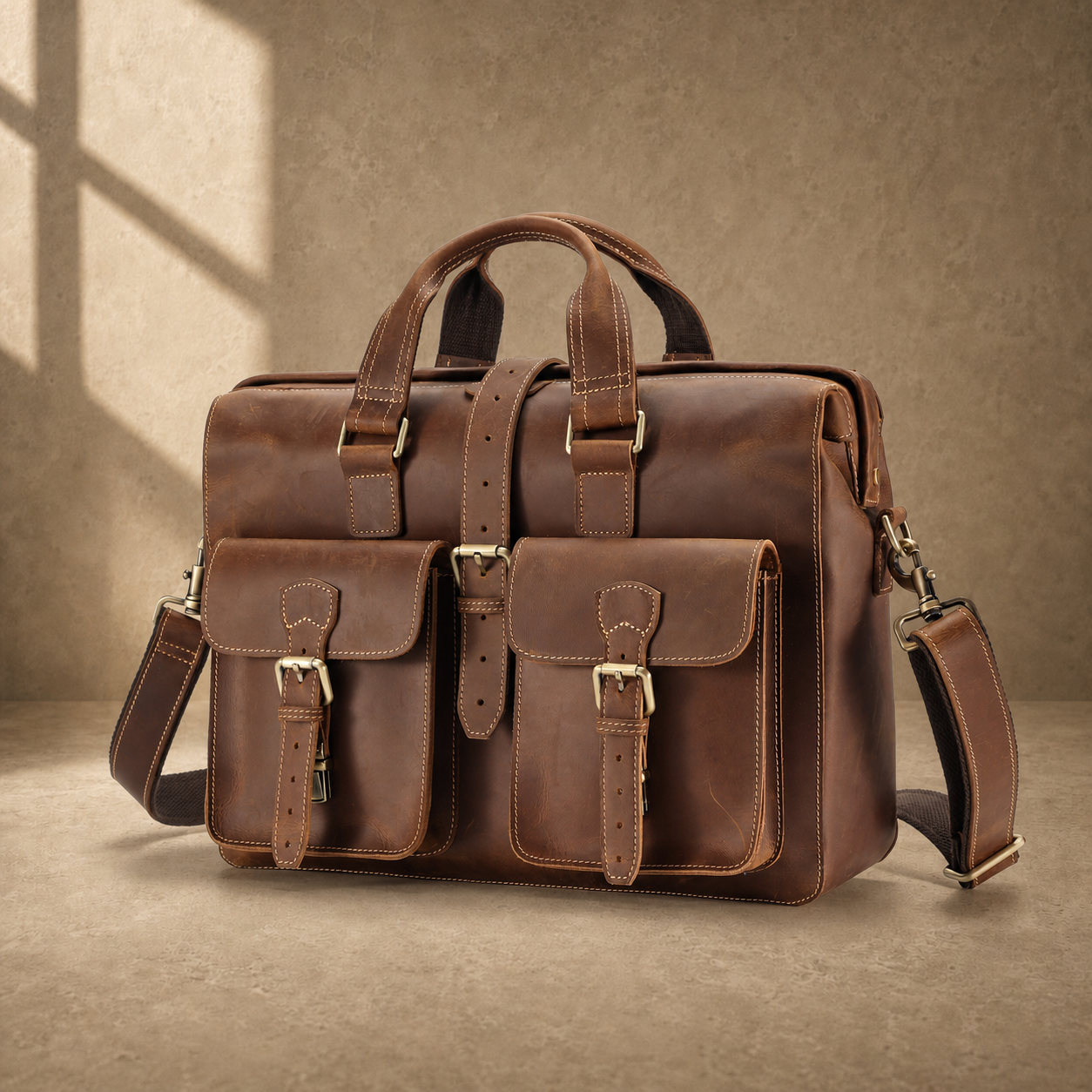 Dark brown leather business work bag, three-quarter front view