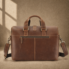Dark brown leather business work bag, rear zipper view