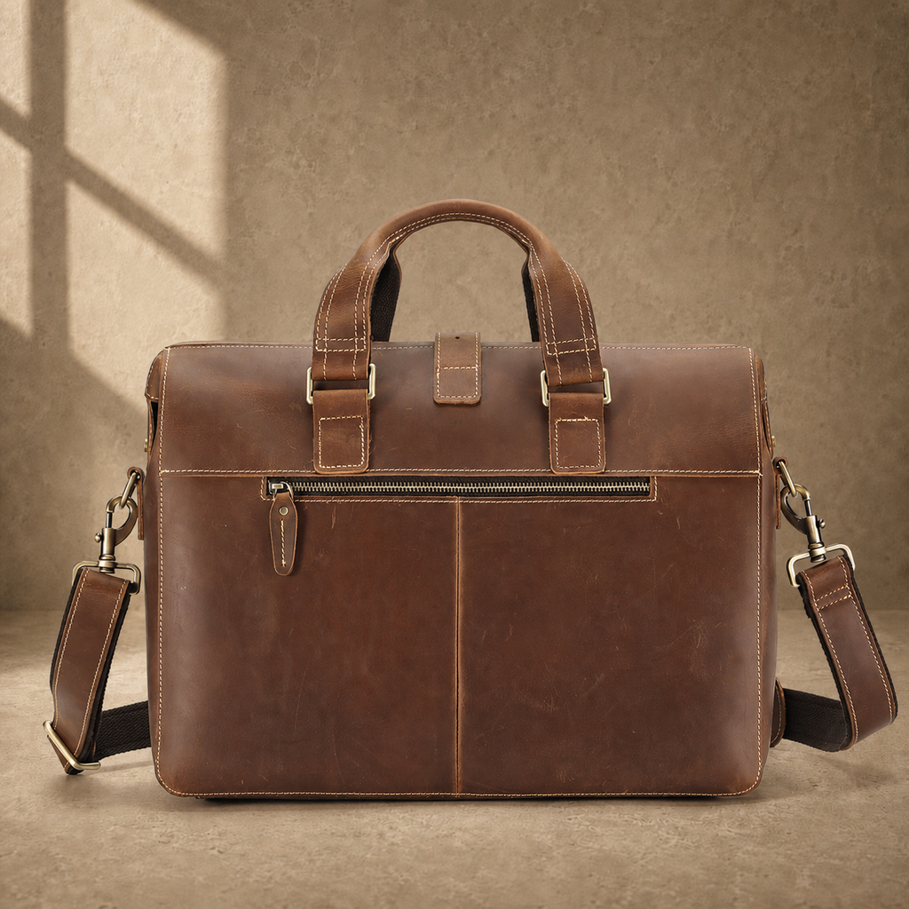 Dark brown leather business work bag, rear zipper view