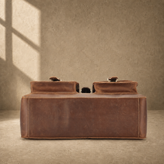 Dark brown leather business work bag, base view