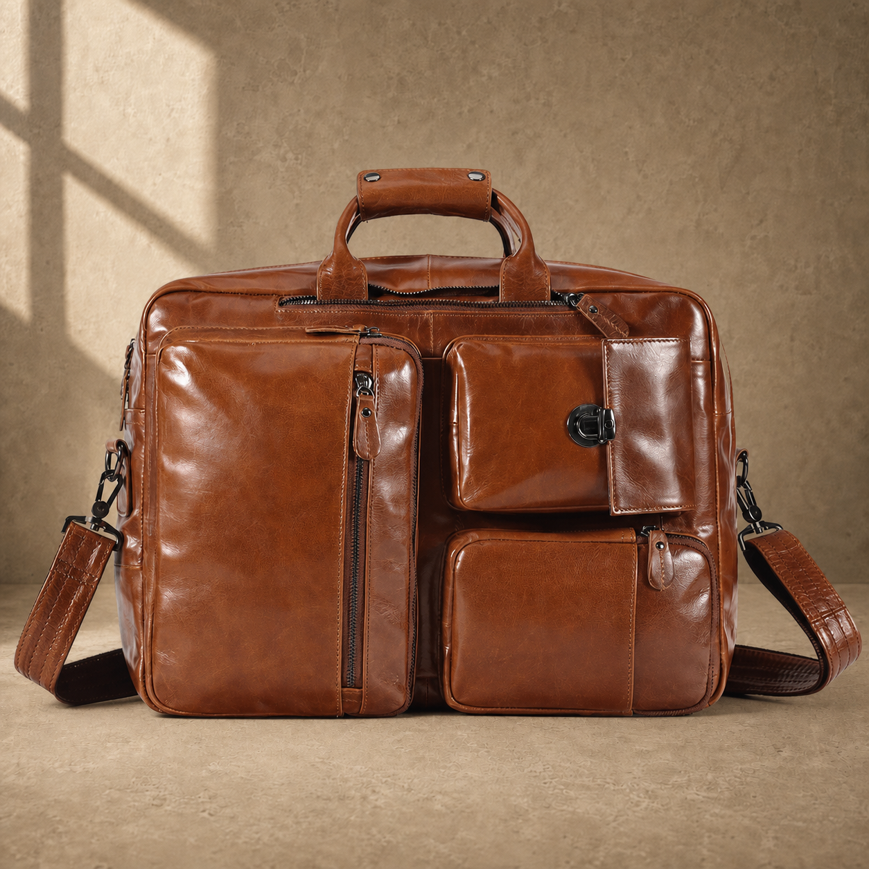Brown leather convertible laptop bag, straight front view