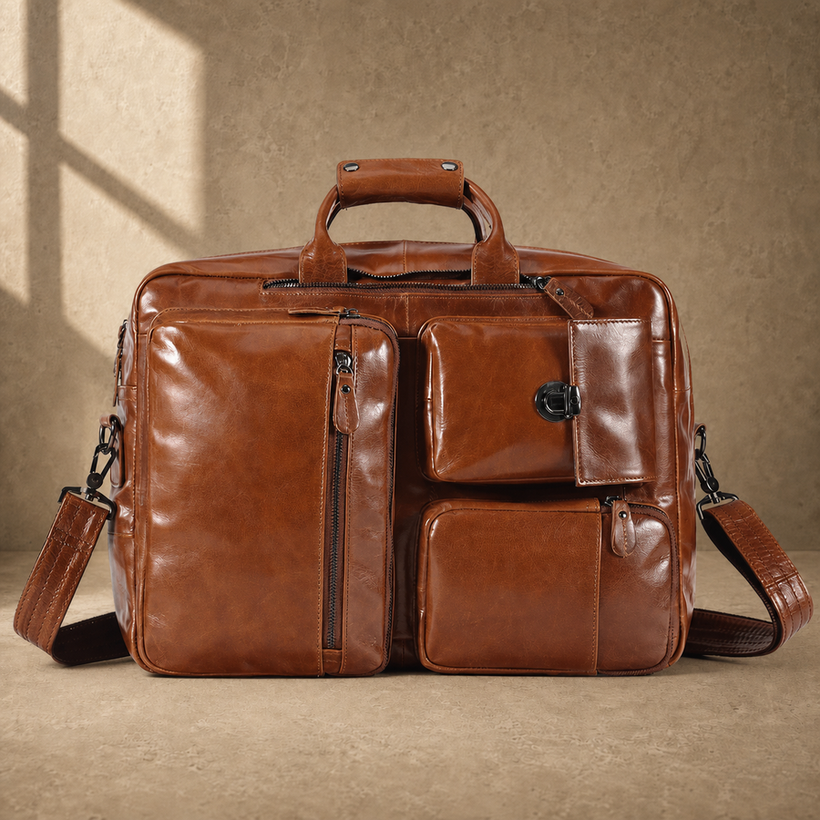 Brown leather convertible laptop bag, straight front view