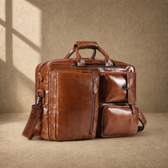Brown leather convertible laptop bag, three-quarter front view