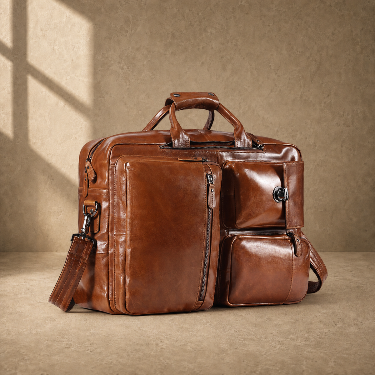 Brown leather convertible laptop bag, three-quarter front view