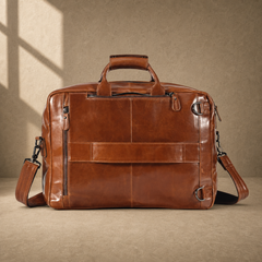 Brown leather convertible laptop bag, rear view
