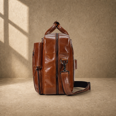 Brown leather convertible laptop bag, side profile