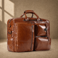 Brown leather convertible laptop bag, angled front view