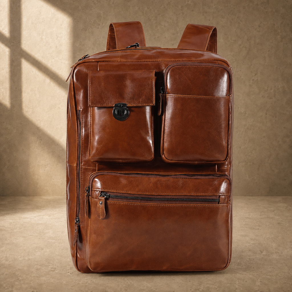 Brown leather convertible laptop bag in backpack mode, front view